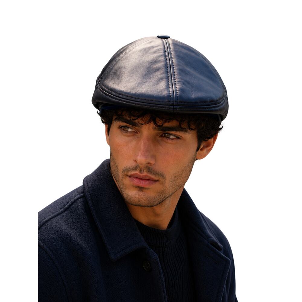 Black Faux Leather Flat Cap Newsboy Cabbie Hat Unisex